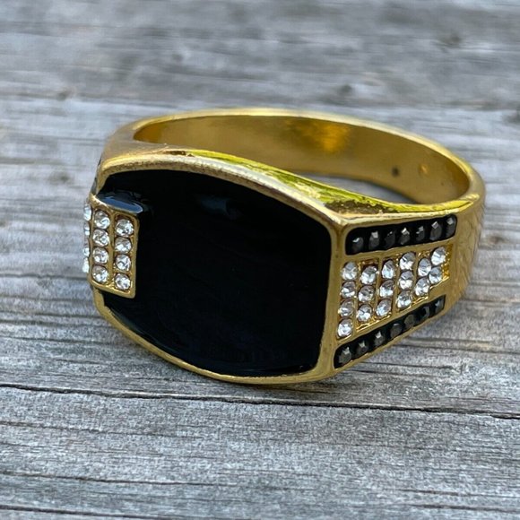 Other - Men Ring Fashion Gold Tone Black Faux Stone Crystal Accent Men Jewelry Size 13